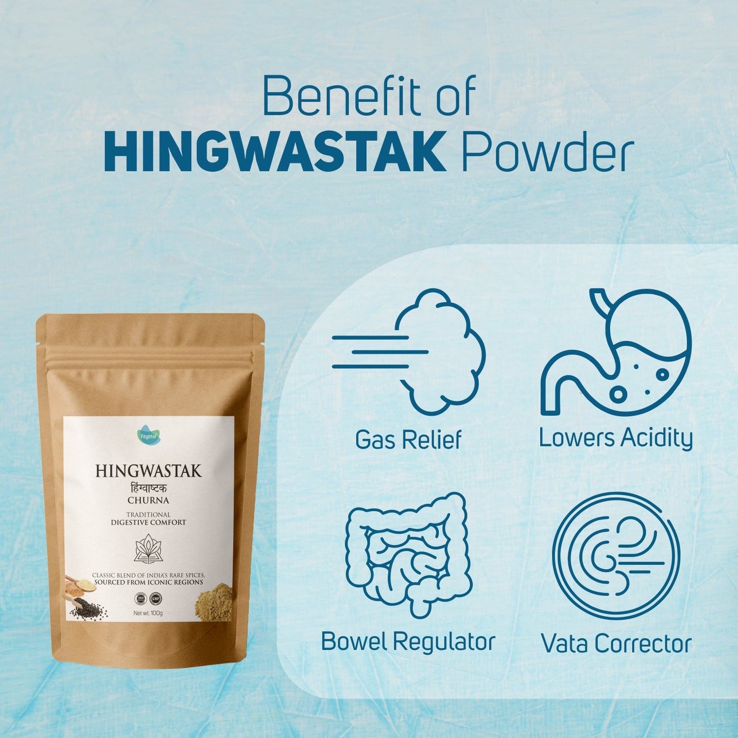 Vegetal Herbal Hingwastak Churna - Traditional Ayurvedic Powder for Digestive Comfort, Gas Relief & Acidity, 100g