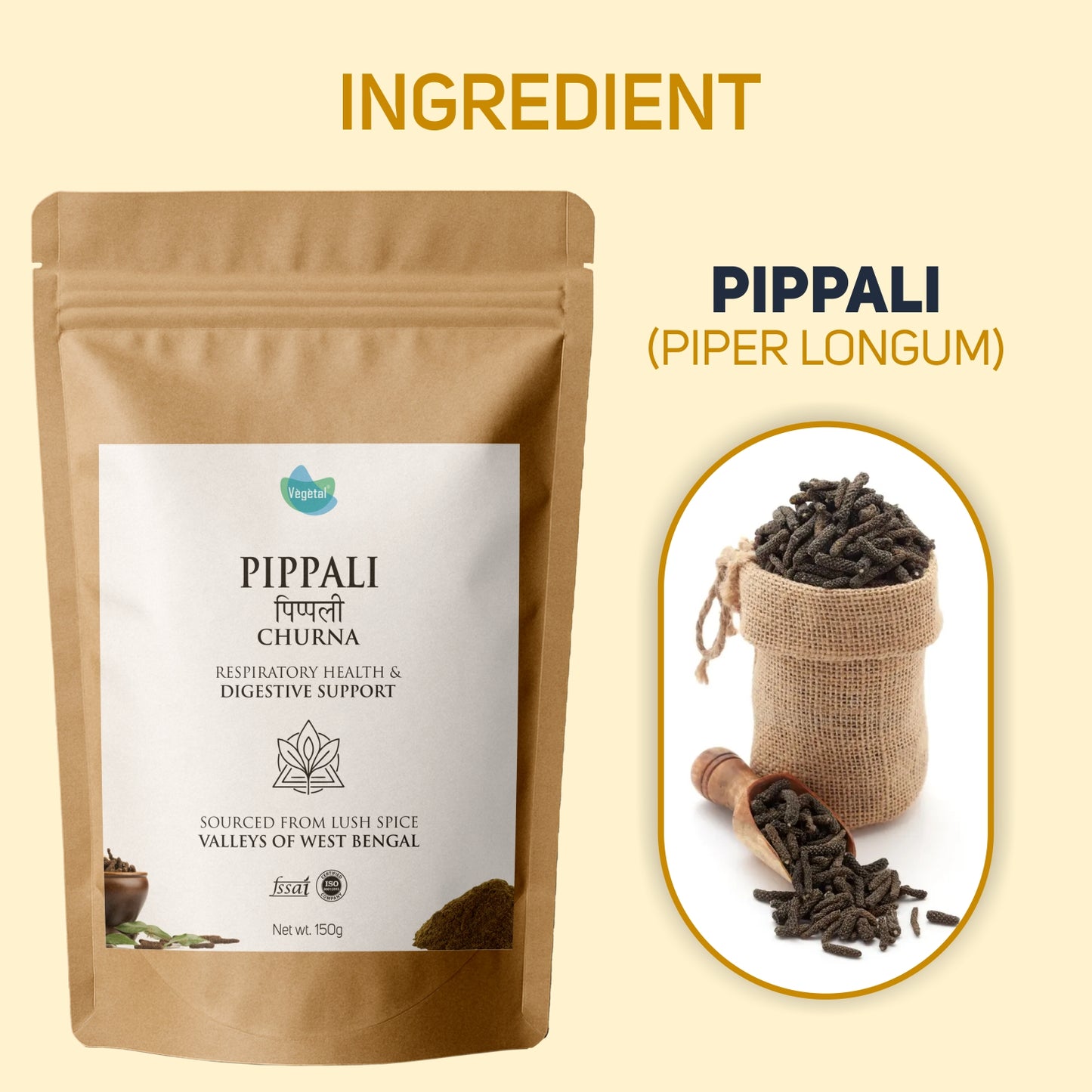 Vegetal Pippali Churna - Pure Pippali Powder for Respiratory & Digestive Health, Metabolism & Absorption Booster, 150g