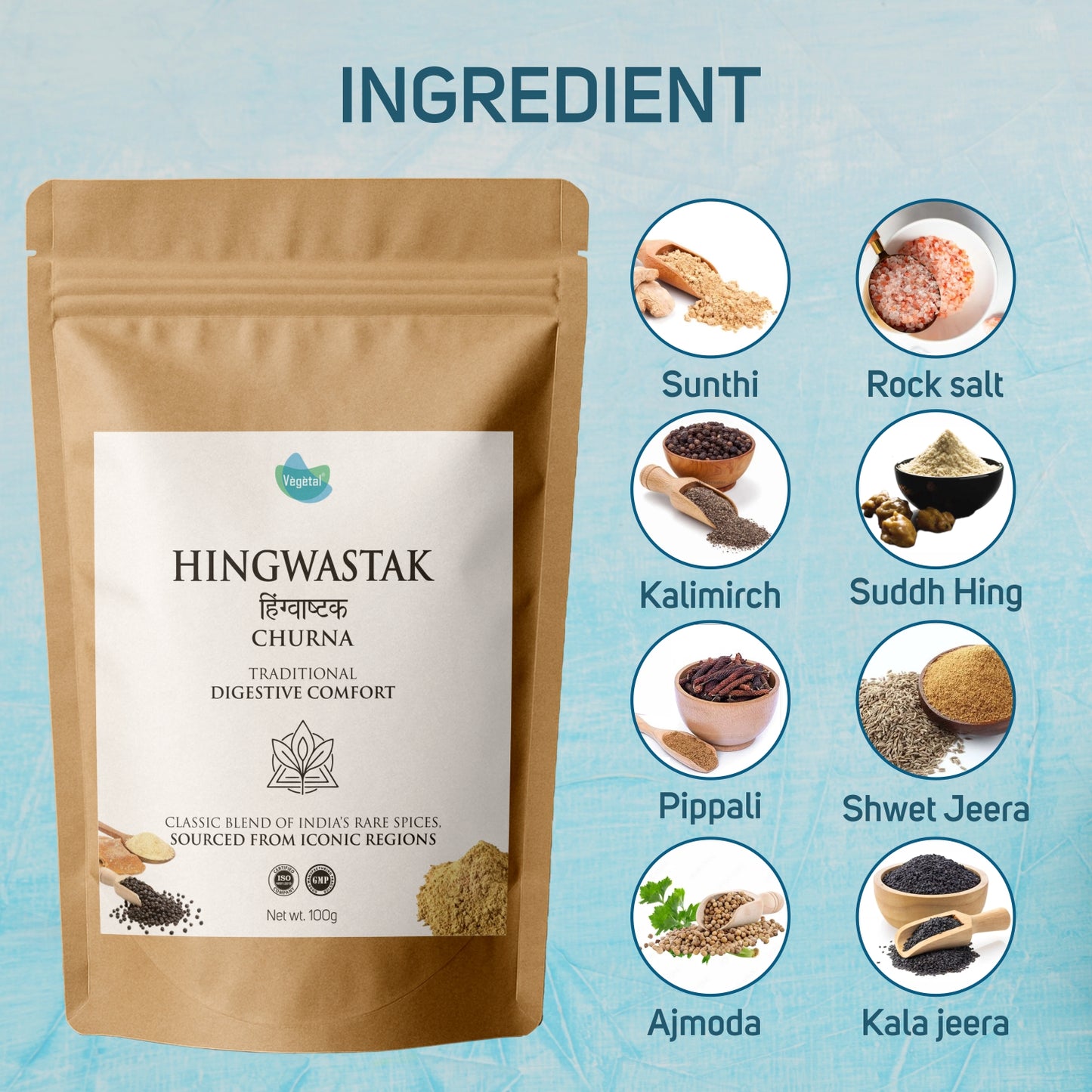 Vegetal Herbal Hingwastak Churna - Traditional Ayurvedic Powder for Digestive Comfort, Gas Relief & Acidity, 100g
