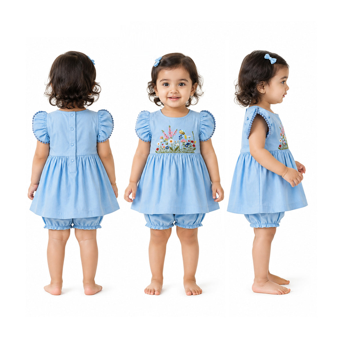 Bamoki™ GOTS-Certified Dutch Canal Floral Jungle Embroidered Frock & Bloomer Set for Baby Girls