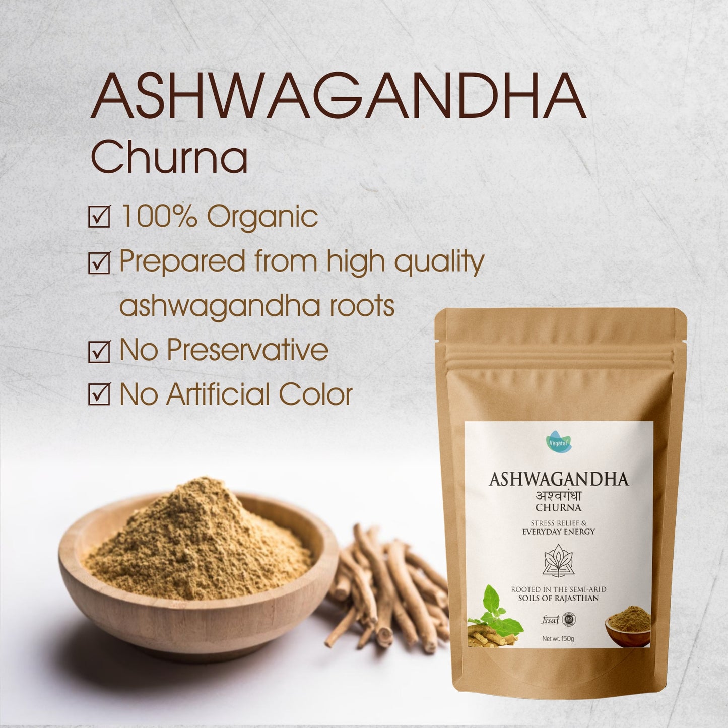 Vegetal Ashwagandha Churna | 150g | 100% Organic | Stress Relief, Strength & Stamina, Better Sleep & Hormonal Balance | No Preservatives or Artificial Colors | From Rajasthan’s Semi-Arid Soils