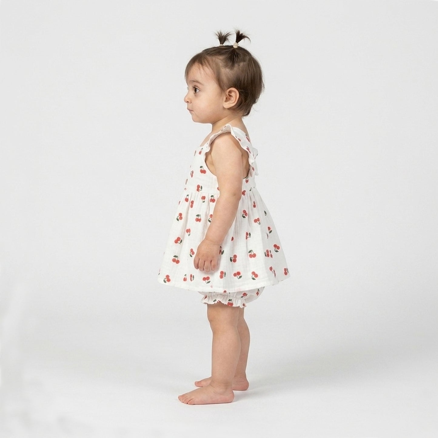 Bamoki Baby Girls Off White Cherry Pattern & Bloomer 2-Piece Set - Mandarin Red, Rolling Hills Organic Cotton Gauze with Red Cherry Print.