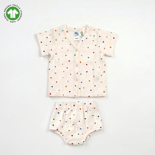 Bamoki 100% GOTS-Certified Organic Cotton Romper (Jhabla) Style for Boys & Girls Dyed with 100% Organic Dyes with Heart Print
