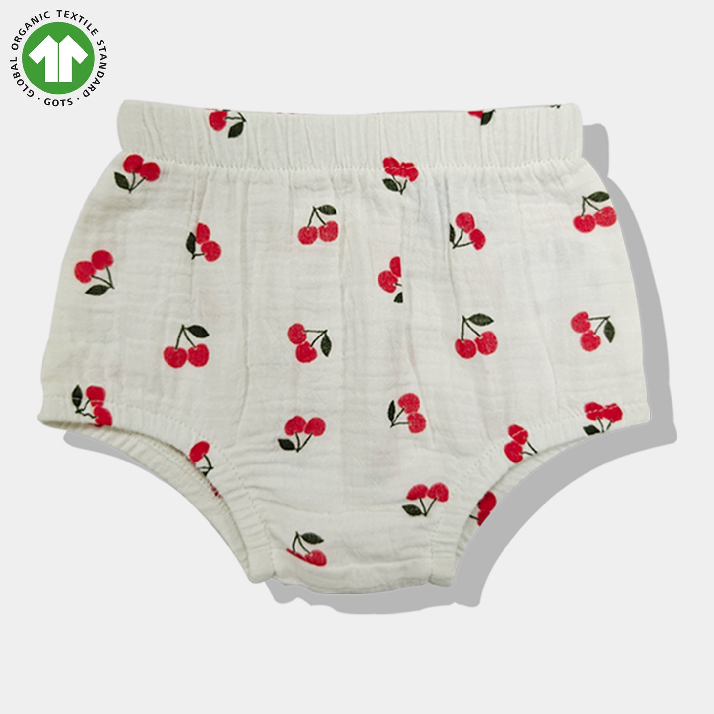Bamoki Baby Girls Off White Cherry Pattern & Bloomer 2-Piece Set - Mandarin Red, Rolling Hills Organic Cotton Gauze with Red Cherry Print.