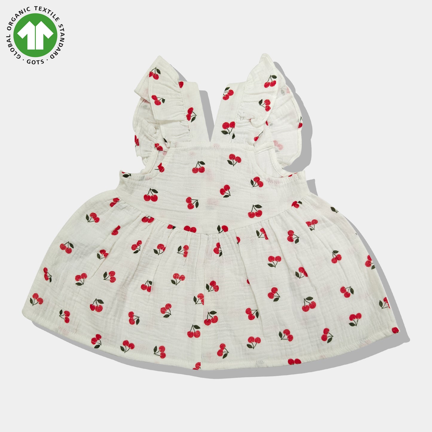 Bamoki Baby Girls Off White Cherry Pattern & Bloomer 2-Piece Set - Mandarin Red, Rolling Hills Organic Cotton Gauze with Red Cherry Print.