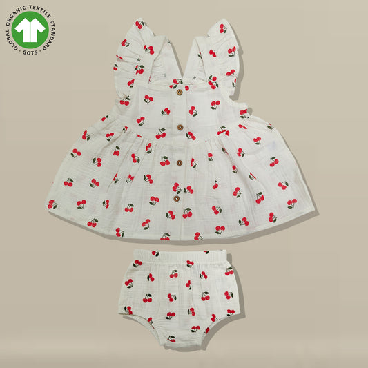 Bamoki Baby Girls Off White Cherry Pattern & Bloomer 2-Piece Set - Mandarin Red, Rolling Hills Organic Cotton Gauze with Red Cherry Print.