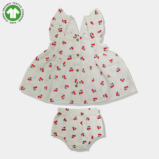 Bamoki Baby Girls Off White Cherry Pattern & Bloomer 2-Piece Set - Mandarin Red, Rolling Hills Organic Cotton Gauze with Red Cherry Print.