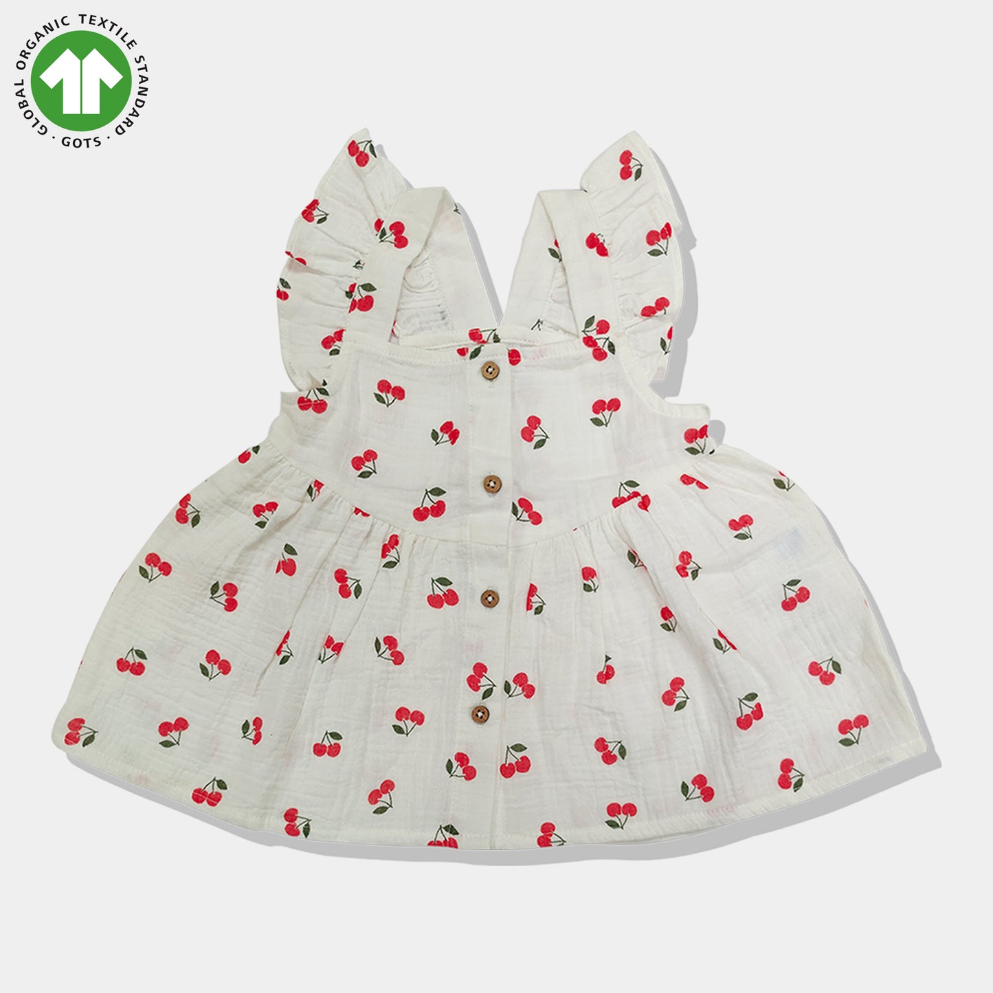 Bamoki Baby Girls Off White Cherry Pattern & Bloomer 2-Piece Set - Mandarin Red, Rolling Hills Organic Cotton Gauze with Red Cherry Print.