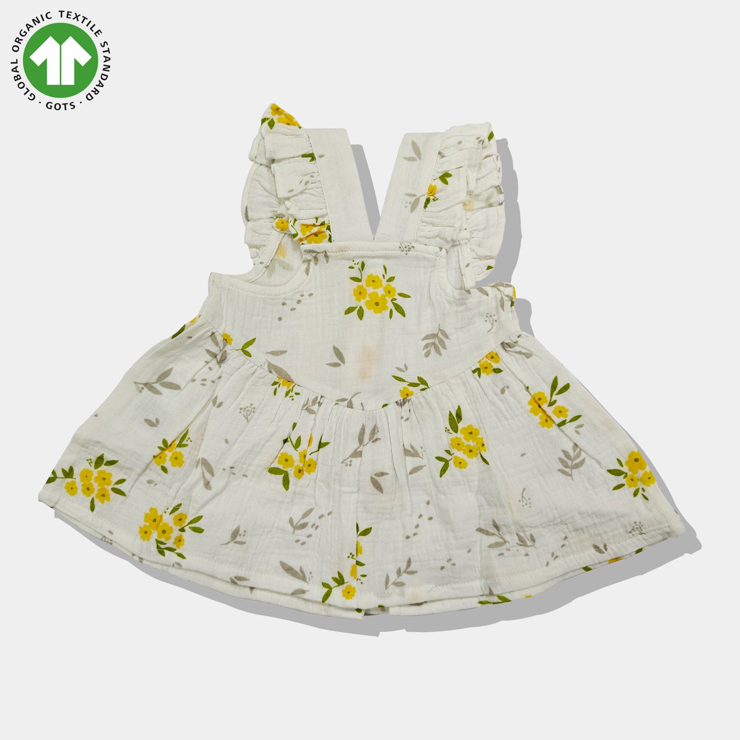 Bamoki Baby Girls Floral Frock & Bloomer 2-Piece Set - Baby's Breath, Lemon Chrome & Golden Lime Organic Cotton Gauze with Yellow Flower Print