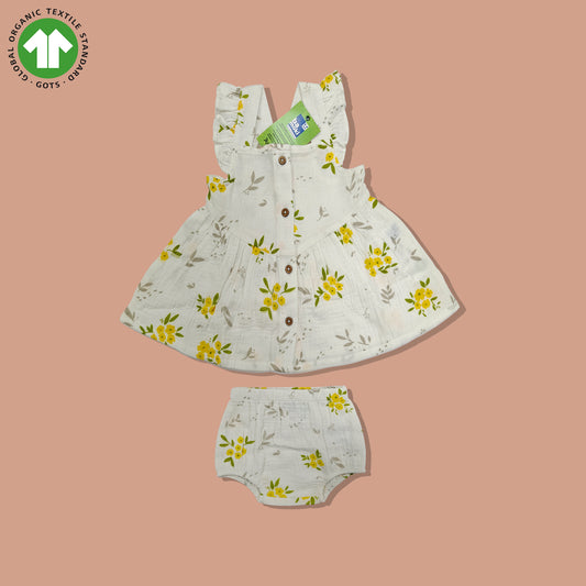 Bamoki Baby Girls Floral Frock & Bloomer 2-Piece Set - Baby's Breath, Lemon Chrome & Golden Lime Organic Cotton Gauze with Yellow Flower Print