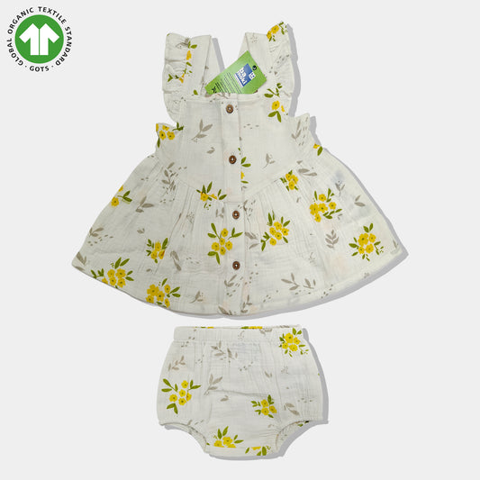 Bamoki Baby Girls Floral Frock & Bloomer 2-Piece Set - Baby's Breath, Lemon Chrome & Golden Lime Organic Cotton Gauze with Yellow Flower Print