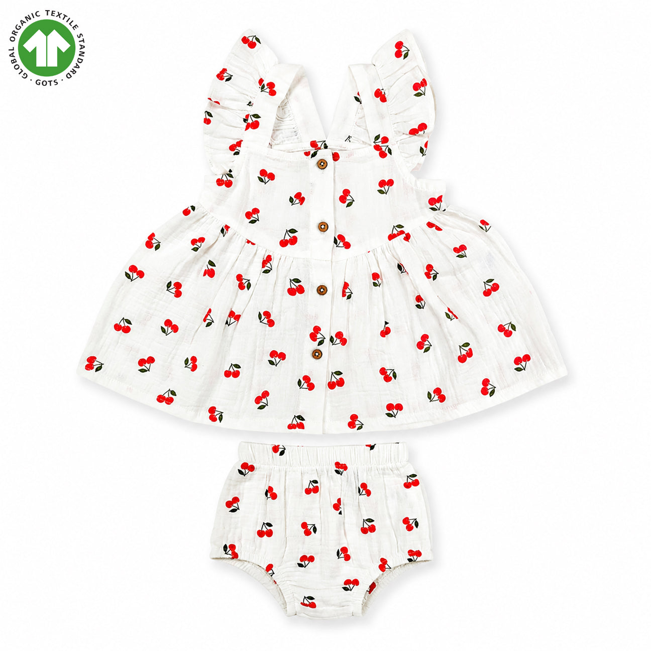 Bamoki Baby Girls Off White Cherry Pattern Frock & Bloomer 2-Piece Set - Mandarin Red, Rolling Hills Organic Cotton Gauze with Red Cherry Print.