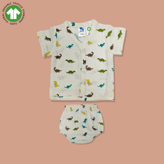 Bamoki 100% GOTS-Certified Cotton Romper (Jhabla) Style for Boys & Girls Dyed with 100% Organic Dyes with Sailing Dianosour Print