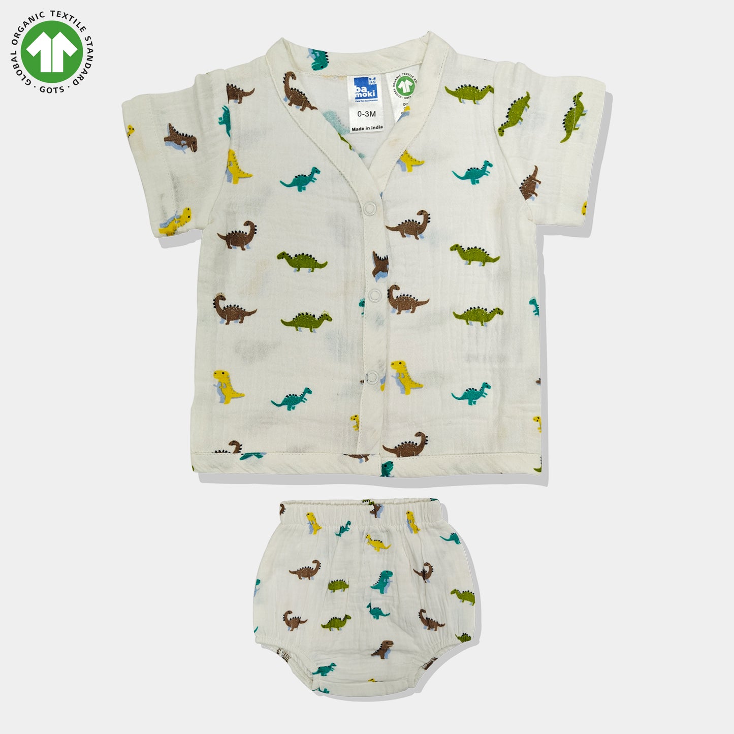 Bamoki 100% GOTS-Certified Cotton Romper (Jhabla) Style for Boys & Girls Dyed with 100% GOTS Dyes with Dianosour Print