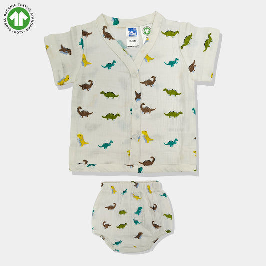 Bamoki 100% GOTS-Certified Cotton Romper (Jhabla) Style for Boys & Girls Dyed with 100% GOTS Dyes with Dianosour Print