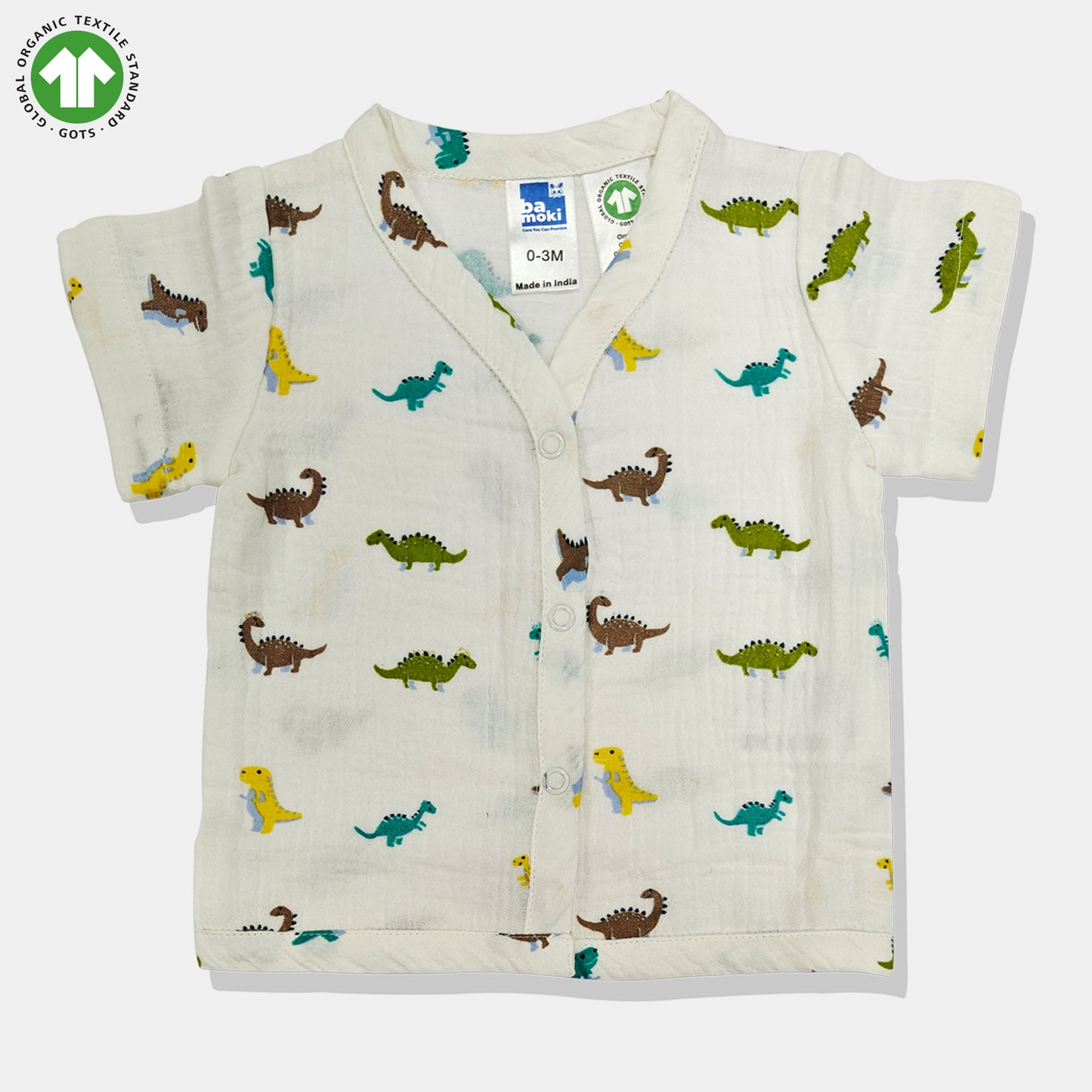 Bamoki 100% GOTS-Certified Cotton Romper (Jhabla) Style for Boys & Girls Dyed with 100% GOTS Dyes with Dianosour Print
