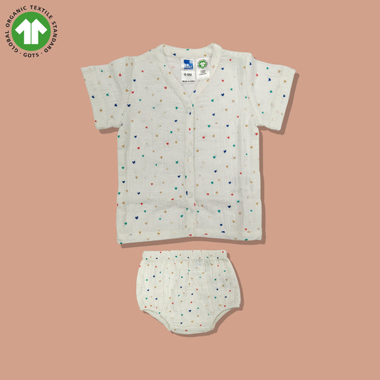 Bamoki 100% GOTS-Certified Cotton Romper (Jhabla) Style for Boys & Girls Dyed with 100% Organic Dyes with Heart Print
