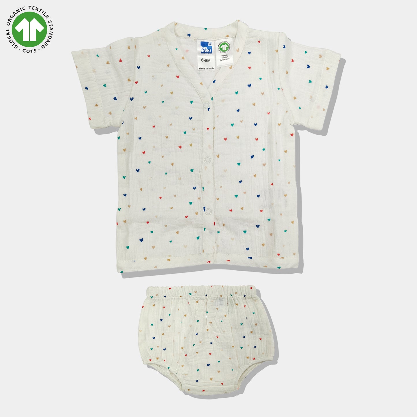 Bamoki 100% GOTS-Certified Cotton Romper (Jhabla) Style for Boys & Girls Dyed with 100% Organic Dyes with Heart Print