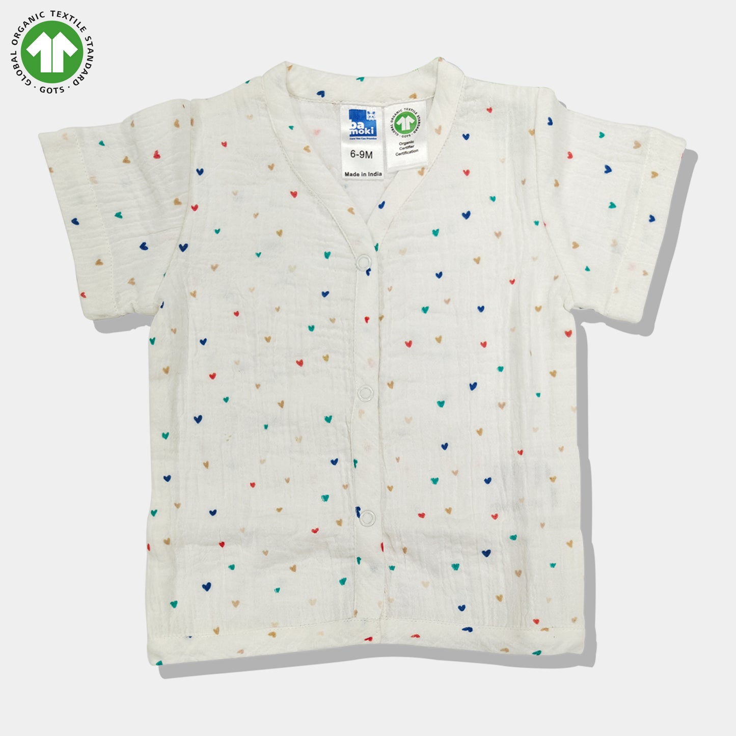 Bamoki 100% GOTS-Certified Cotton Romper (Jhabla) Style for Boys & Girls Dyed with 100% Organic Dyes with Heart Print