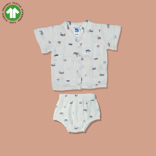 Bamoki 100% GOTS-Certified Cotton Romper (Jhabla) Style for Boys & Girls Dyed with 100% Organic Dyes with Sailing Boat Print