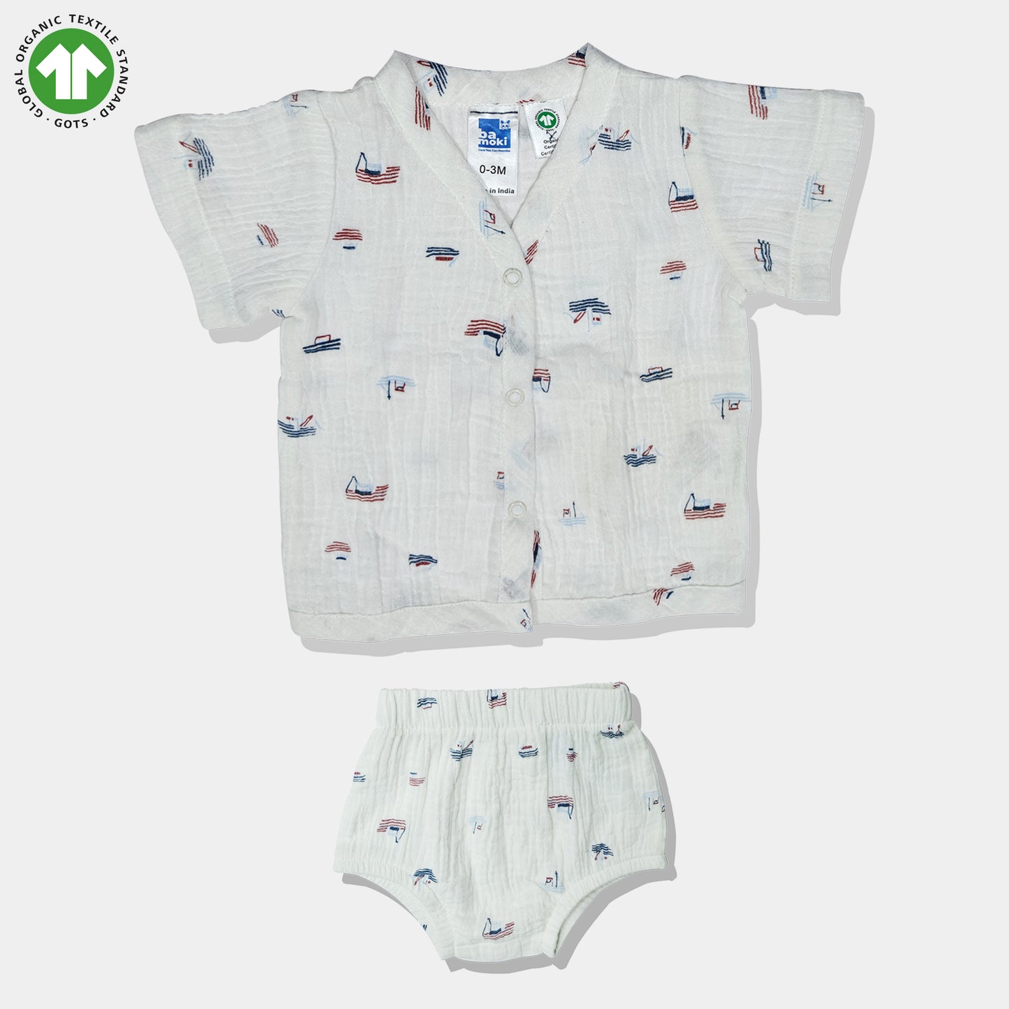 Bamoki 100% GOTS-Certified Cotton Romper (Jhabla) Style for Boys & Girls Dyed with 100% Organic Dyes with Sailing Boat Print