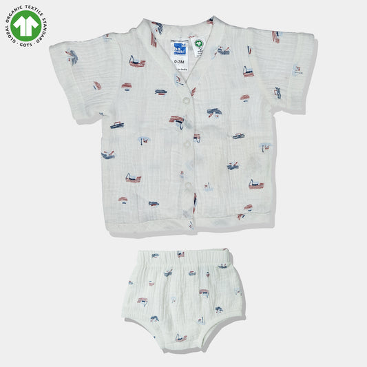 Bamoki 100% GOTS-Certified Cotton Romper (Jhabla) Style for Boys & Girls Dyed with 100% Organic Dyes with Sailing Boat Print