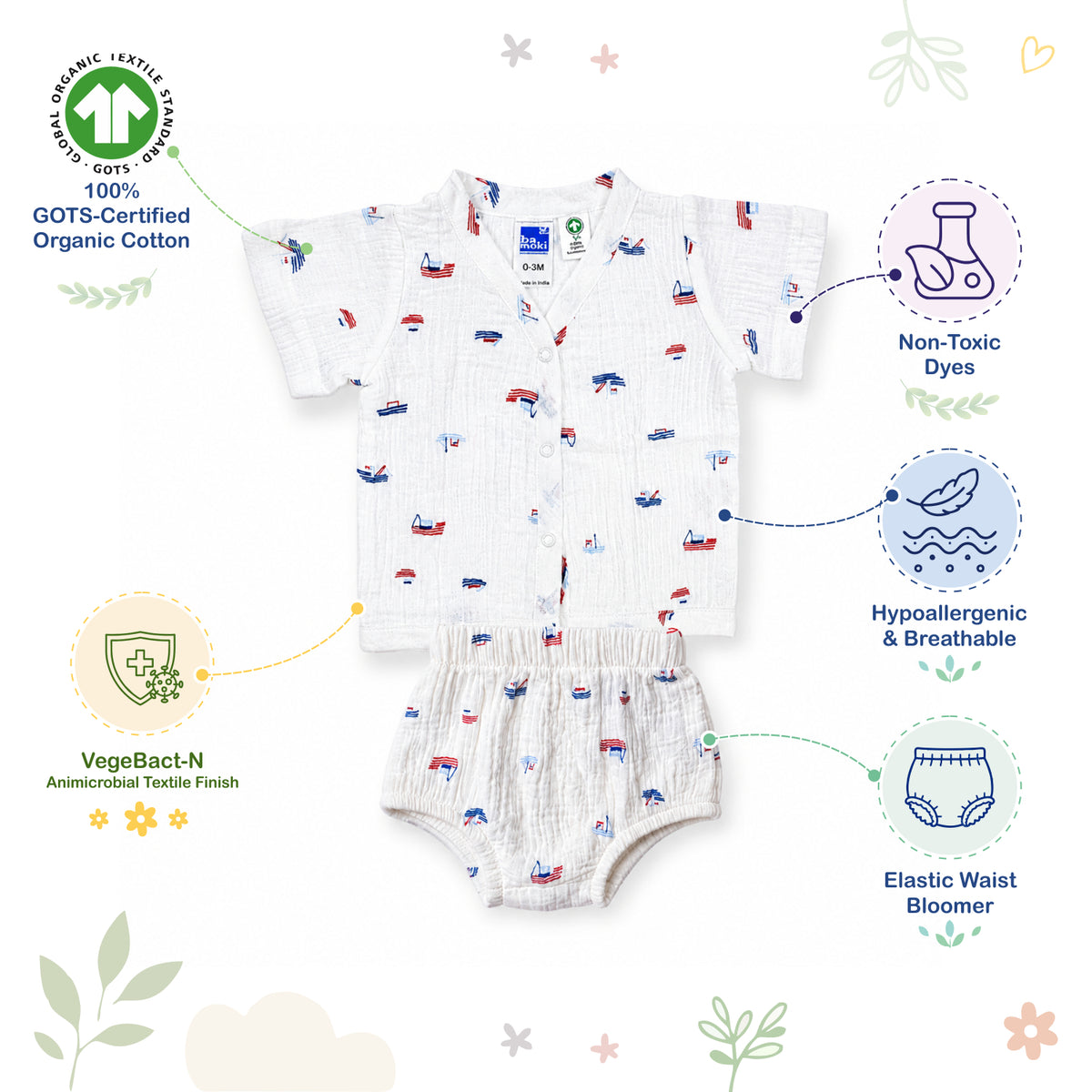 Bamoki 100% GOTS-Certified Cotton Romper (Jhabla) Style for Boys & Girls Dyed with 100% GOTS Dyes with Sailing Boat Print