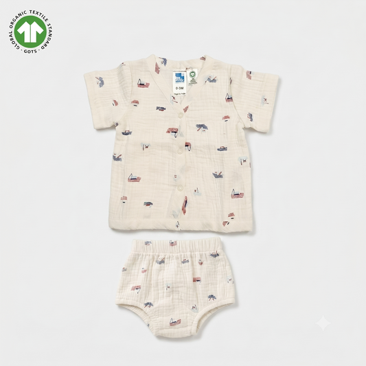 Bamoki 100% GOTS-Certified Cotton Romper (Jhabla) Style for Boys & Girls Dyed with 100% Organic Dyes with Sailing Boat Print