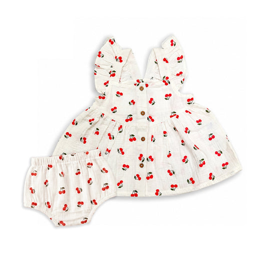 Bamoki Baby Girls Off White Cherry Pattern Frock & Bloomer 2-Piece Set - Mandarin Red, Rolling Hills Organic Cotton Gauze with Red Cherry Print.