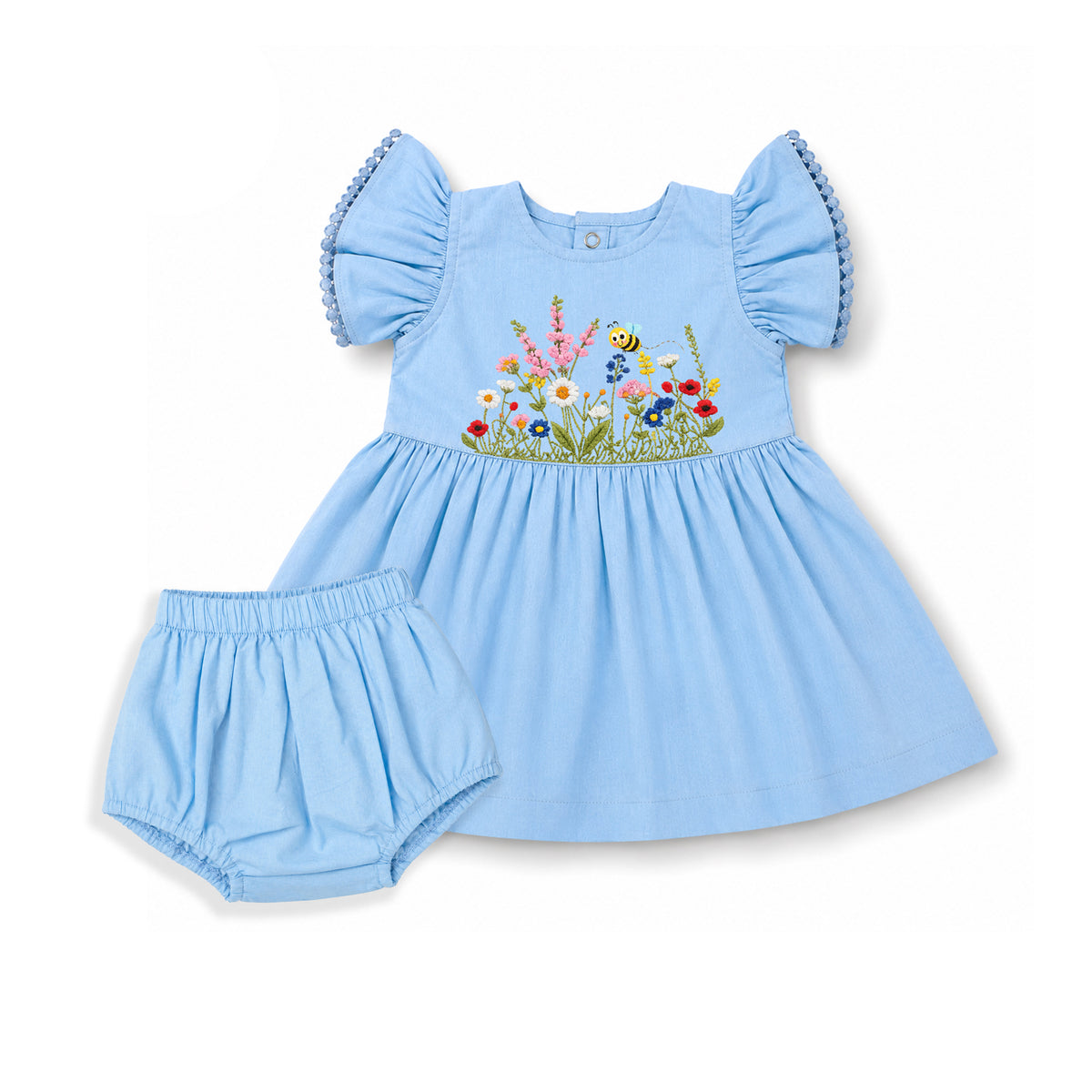 Bamoki™ GOTS-Certified Dutch Canal Floral Jungle Embroidered Frock & Bloomer Set for Baby Girls