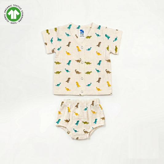 Bamoki 100% GOTS-Certified Organic Cotton Romper (Jhabla) Style for Boys & Girls  Dyed with 100% Organic Dyes with Sailing Dianosour Print