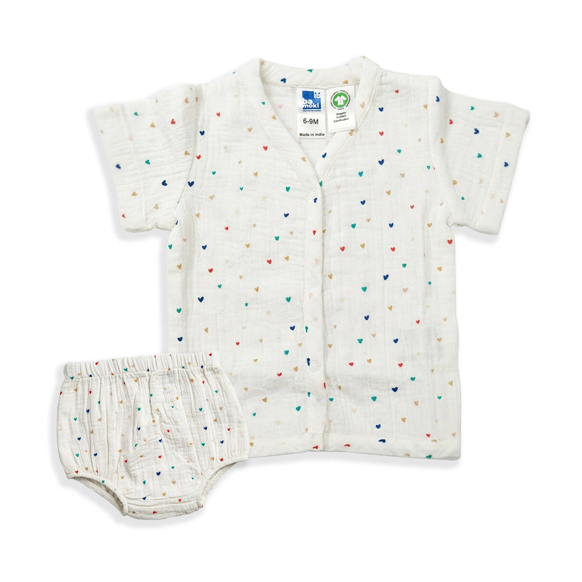 Bamoki 100% GOTS-Certified Cotton Romper (Jhabla) Style for Boys & Girls Dyed with 100% GOTS Dyes with Heart Print
