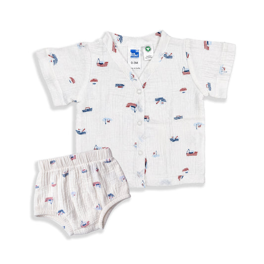 Bamoki 100% GOTS-Certified Cotton Romper (Jhabla) Style for Boys & Girls Dyed with 100% GOTS Dyes with Sailing Boat Print