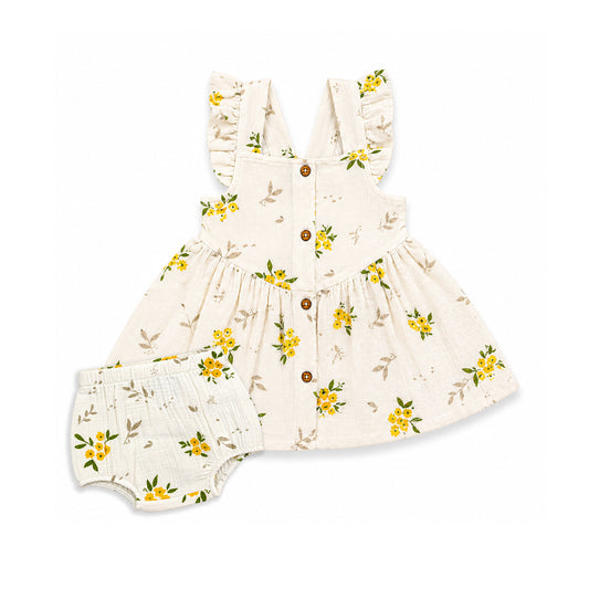 Bamoki Baby Girls Floral Frock & Bloomer 2-Piece Set - Baby's Breath, Lemon Chrome & Golden Lime Organic Cotton Gauze with Yellow Flower Print