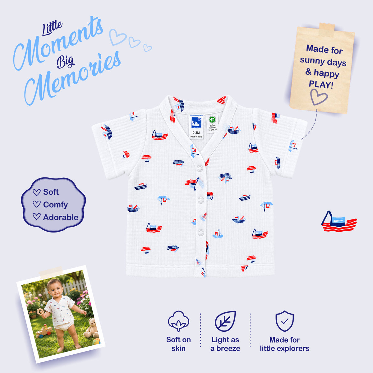 Bamoki 100% GOTS-Certified Cotton Romper (Jhabla) Style for Boys & Girls Dyed with 100% GOTS Dyes with Sailing Boat Print