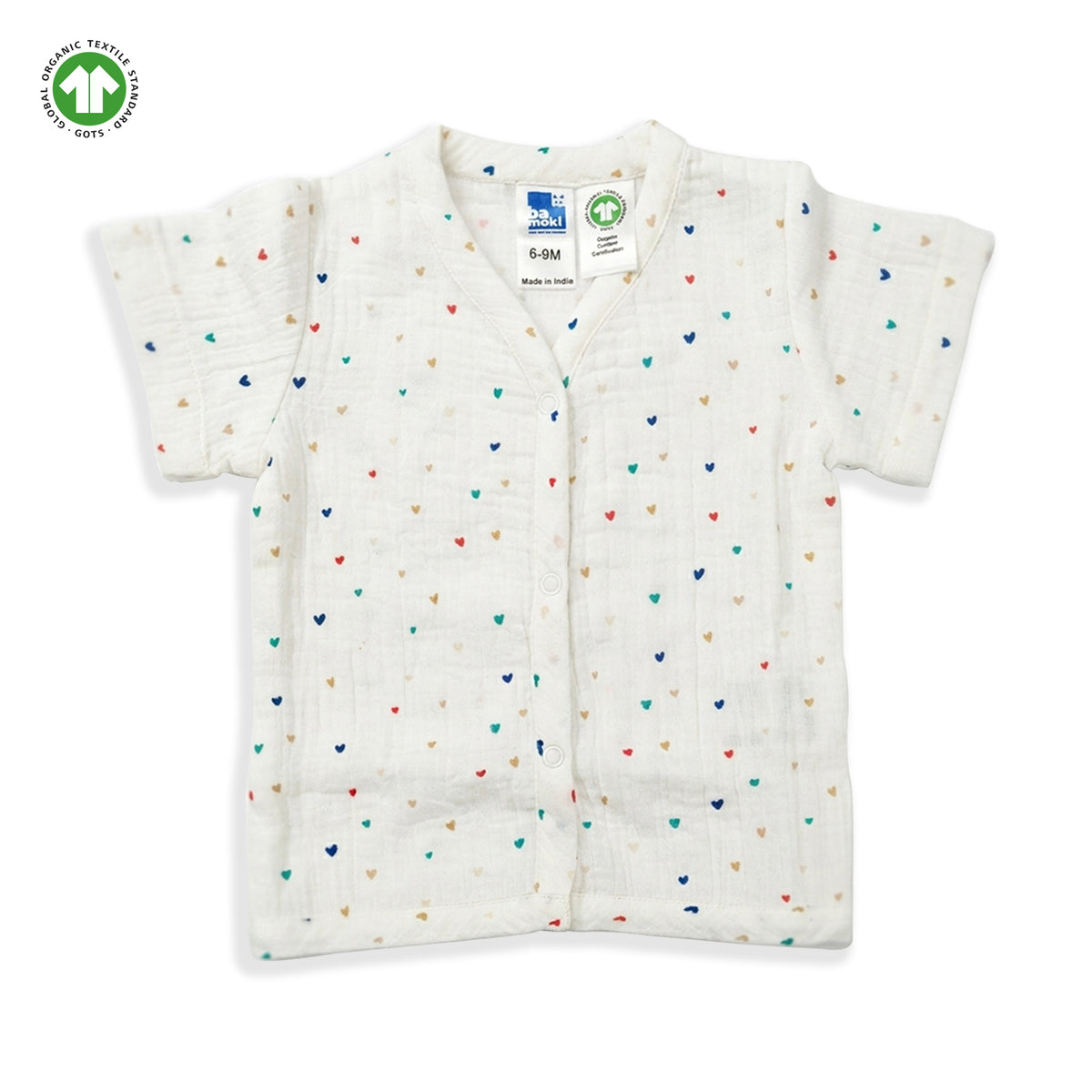 Bamoki 100% GOTS-Certified Cotton Romper (Jhabla) Style for Boys & Girls Dyed with 100% GOTS Dyes with Heart Print