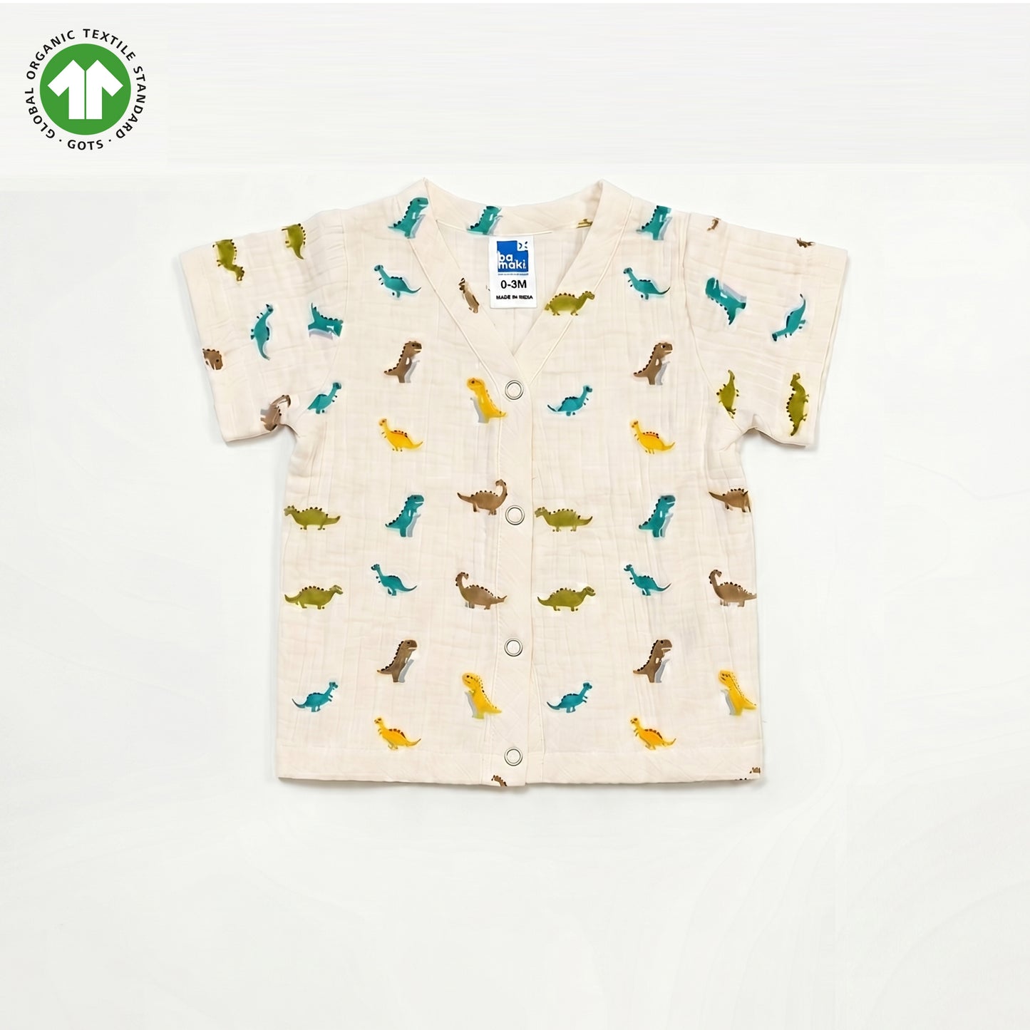 Bamoki 100% GOTS-Certified Organic Cotton Romper (Jhabla) Style for Boys & Girls  Dyed with 100% Organic Dyes with Sailing Dianosour Print