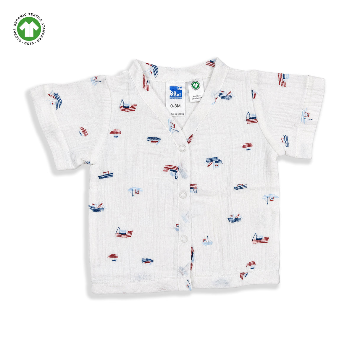 Bamoki 100% GOTS-Certified Cotton Romper (Jhabla) Style for Boys & Girls Dyed with 100% GOTS Dyes with Sailing Boat Print