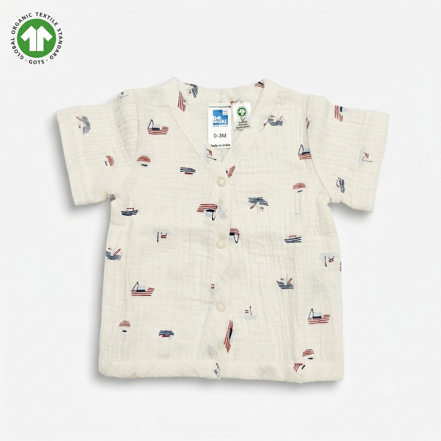 Bamoki 100% GOTS-Certified Cotton Romper (Jhabla) Style for Boys & Girls Dyed with 100% Organic Dyes with Sailing Boat Print