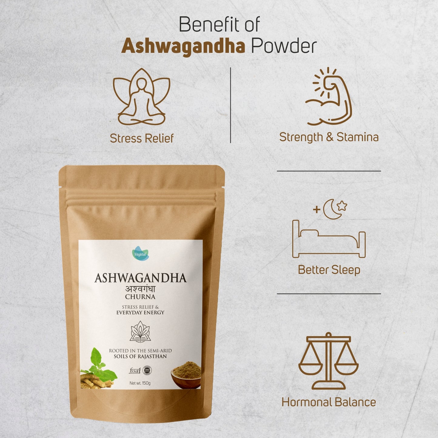 Vegetal Ashwagandha Churna | 150g | 100% Organic | Stress Relief, Strength & Stamina, Better Sleep & Hormonal Balance | No Preservatives or Artificial Colors | From Rajasthan’s Semi-Arid Soils