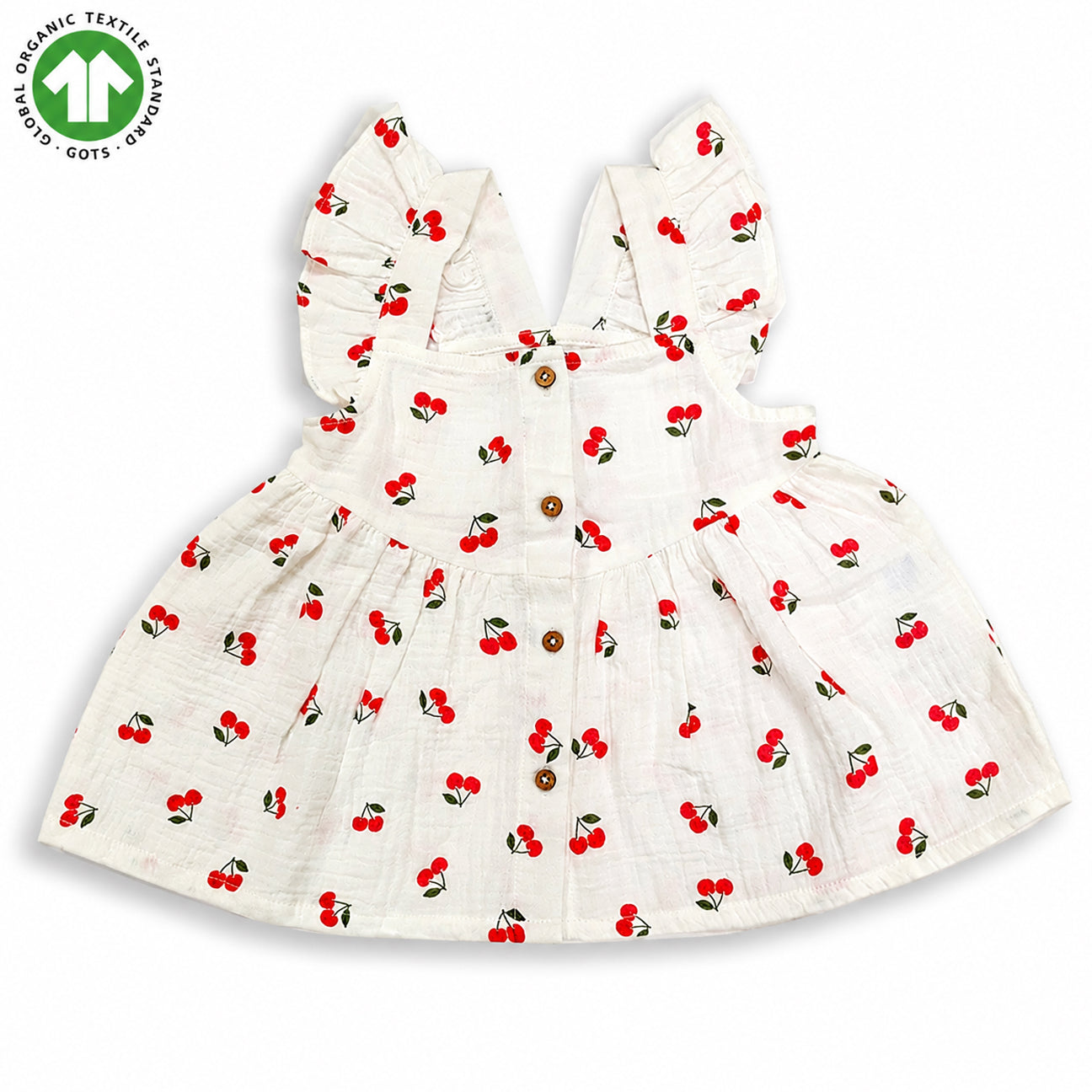 Bamoki Baby Girls Off White Cherry Pattern Frock & Bloomer 2-Piece Set - Mandarin Red, Rolling Hills Organic Cotton Gauze with Red Cherry Print.