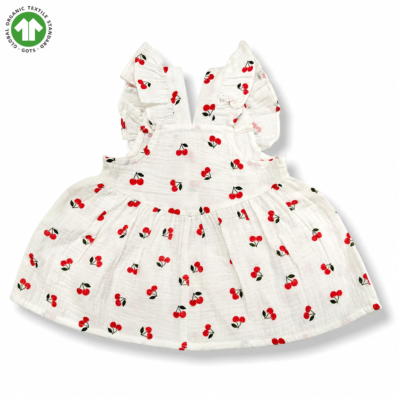 Bamoki Baby Girls Off White Cherry Pattern Frock & Bloomer 2-Piece Set - Mandarin Red, Rolling Hills Organic Cotton Gauze with Red Cherry Print.