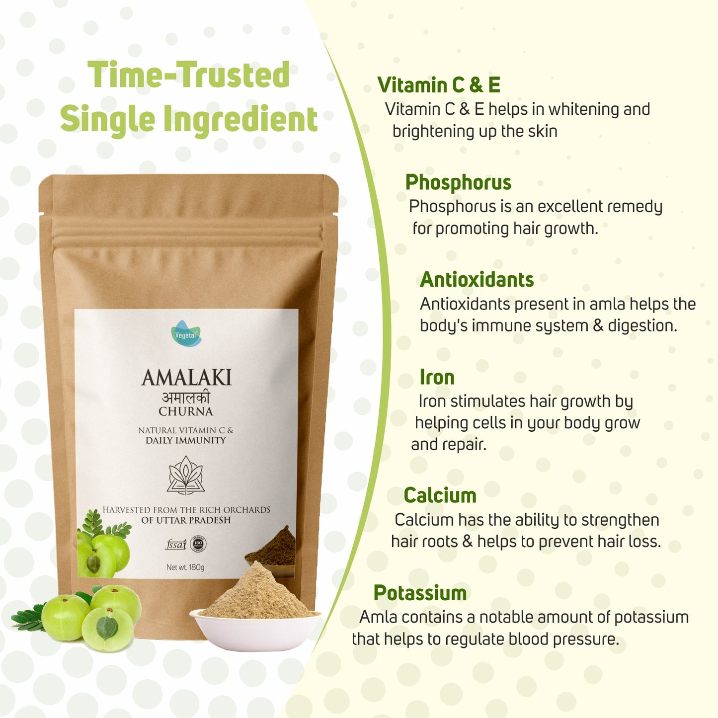 Vegetal Amalaki Churna Powder 180g | Pure Amla Powder for Immunity Boost, Natural Vitamin C, Skin & Hair Health, Detox & Digestion Support | 100% Natural & Vegan | Harvested from Uttar Pradesh Orchards