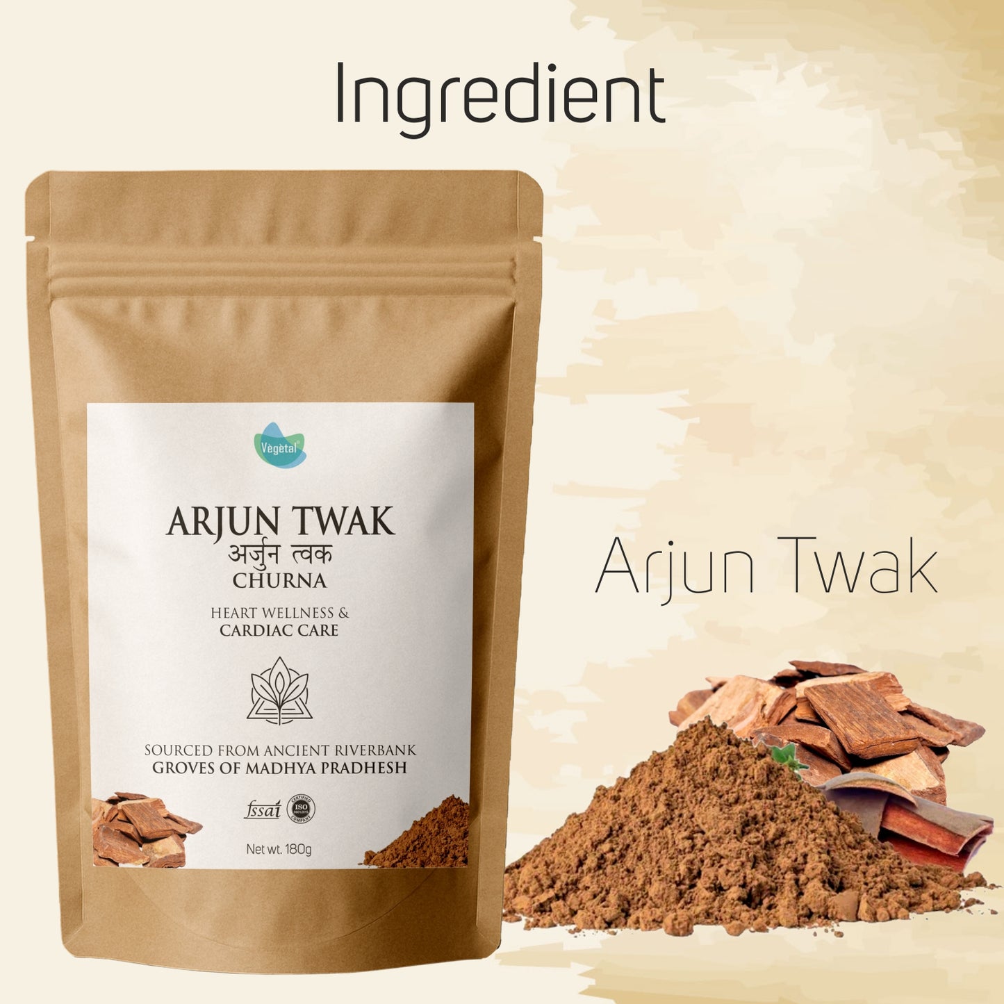 Vegetal Arjun Twak Churna | 100% Pure Arjuna Bark Powder | Heart Wellness, Cardiac Support, Blood Pressure & Cholesterol Care | Antioxidant-Rich Herbal Supplement (180g)