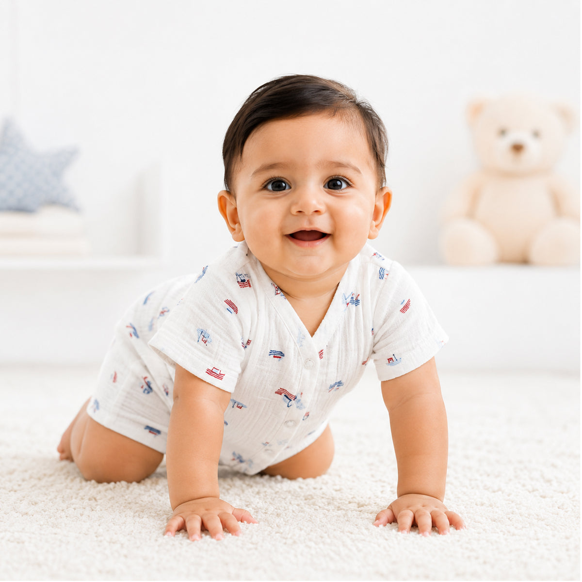 Bamoki 100% GOTS-Certified Cotton Romper (Jhabla) Style for Boys & Girls Dyed with 100% GOTS Dyes with Sailing Boat Print