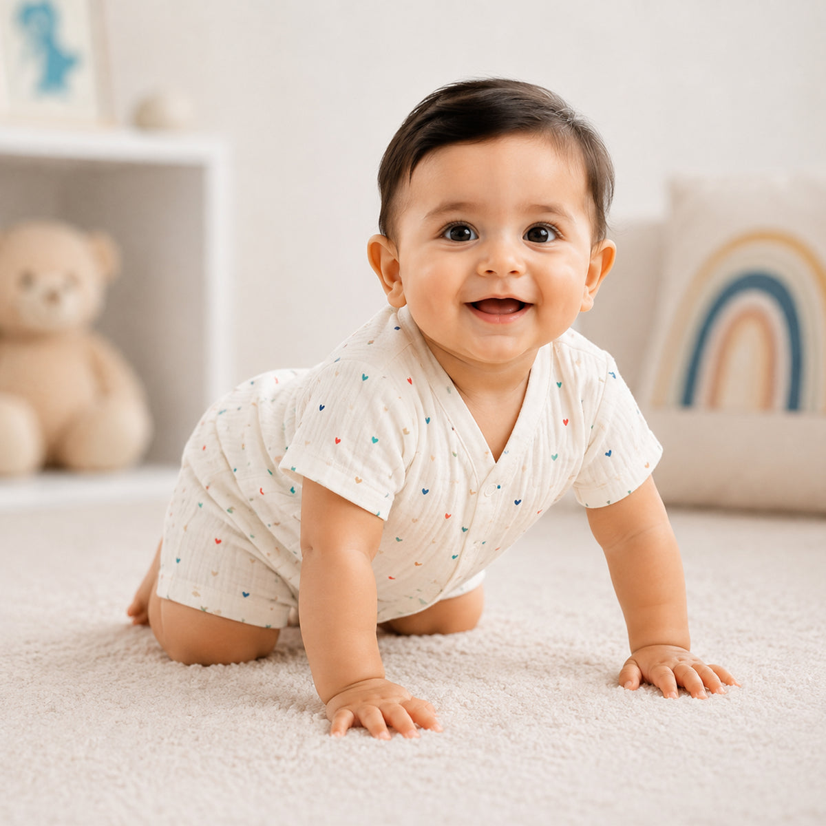 Bamoki 100% GOTS-Certified Cotton Romper (Jhabla) Style for Boys & Girls Dyed with 100% GOTS Dyes with Heart Print