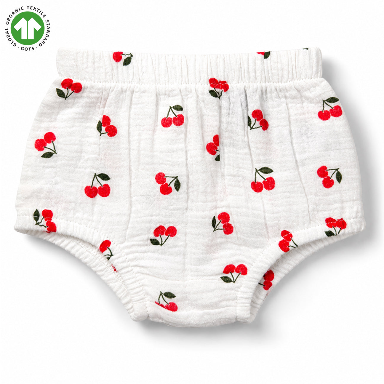 Bamoki Baby Girls Off White Cherry Pattern Frock & Bloomer 2-Piece Set - Mandarin Red, Rolling Hills Organic Cotton Gauze with Red Cherry Print.