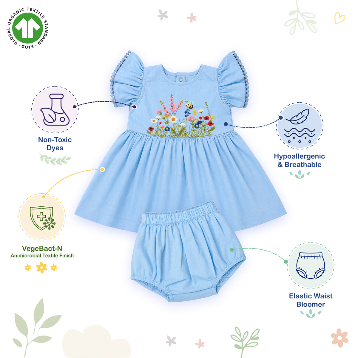 Bamoki™ GOTS-Certified Dutch Canal Floral Jungle Embroidered Frock & Bloomer Set for Baby Girls
