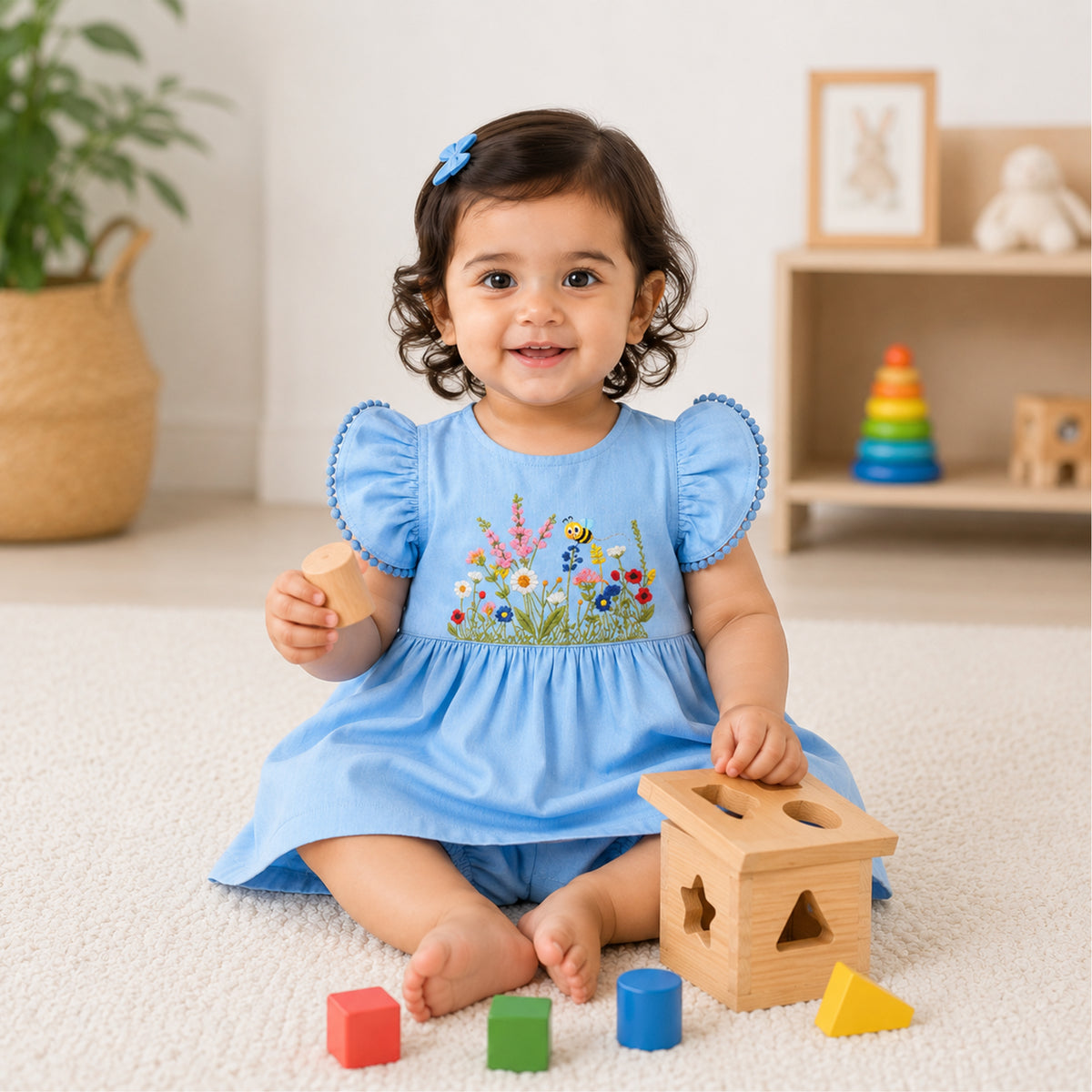 Bamoki™ GOTS-Certified Dutch Canal Floral Jungle Embroidered Frock & Bloomer Set for Baby Girls