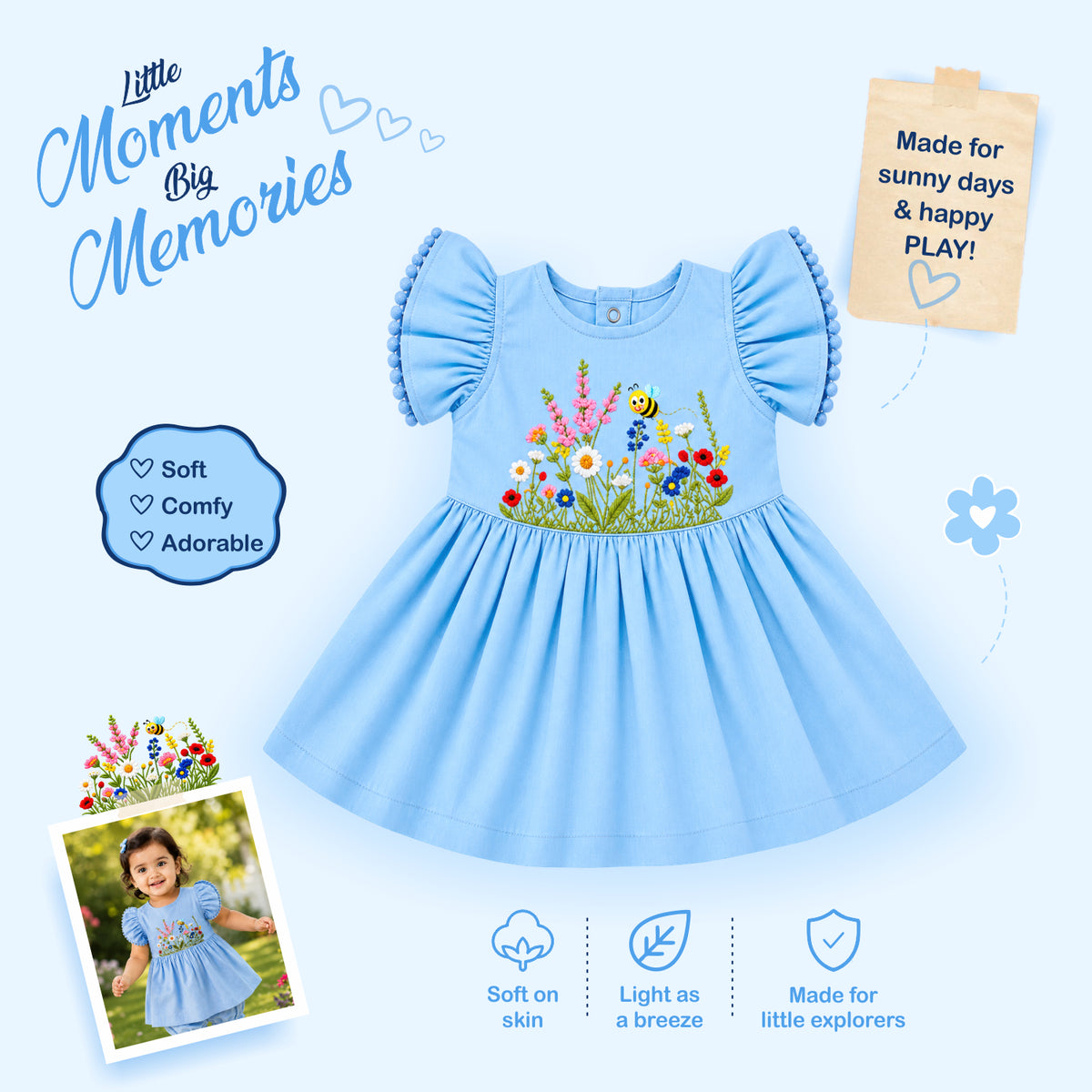 Bamoki™ GOTS-Certified Dutch Canal Floral Jungle Embroidered Frock & Bloomer Set for Baby Girls